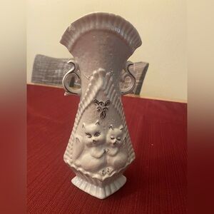 Vintage White Ceramic Vase with Cat Design